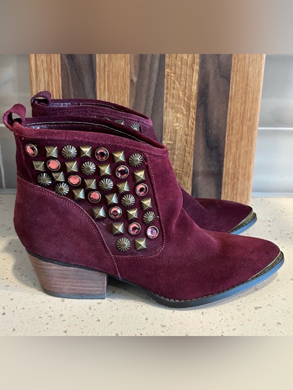Chinese Laundry Burgundy Suede Studded Ankle Booties - Picture 3 of 4